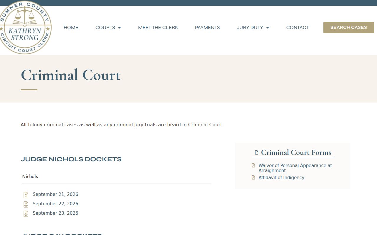 Sumner County arrest warrant court information from Criminal Court