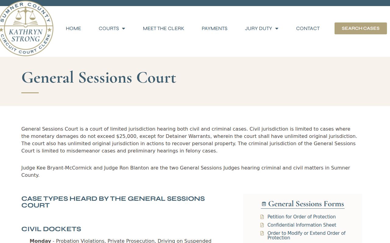 Sumner County General Sessions Court information for bench warrant records