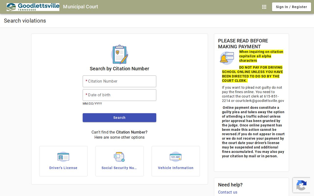 Sumner County traffic warrant context from Goodlettsville citation search fields
