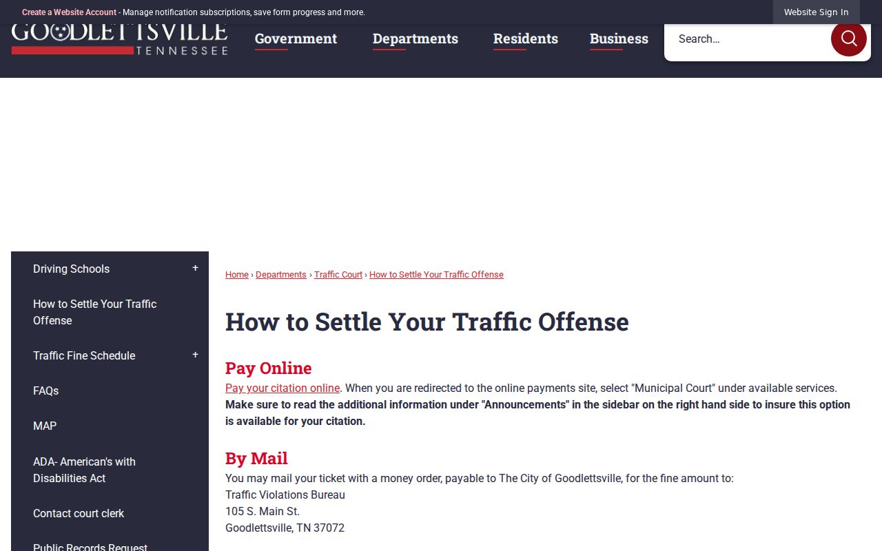 Goodlettsville warrant records city citation settlement and payment instructions