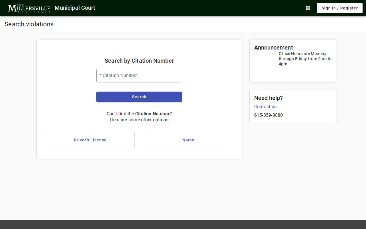 Sumner County municipal warrant search context from Millersville citation portal