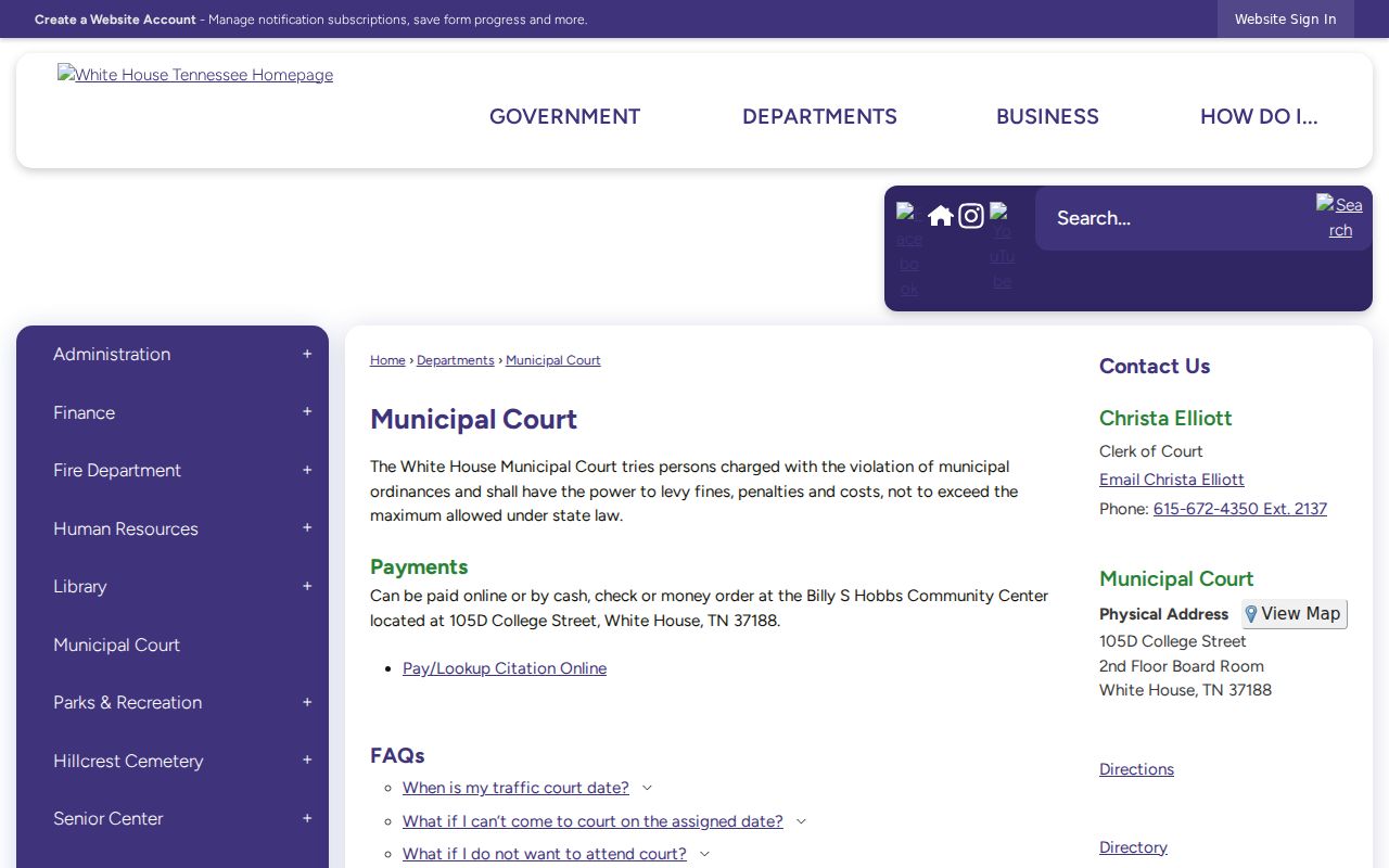 White House warrant records citation lookup and Municipal Court information