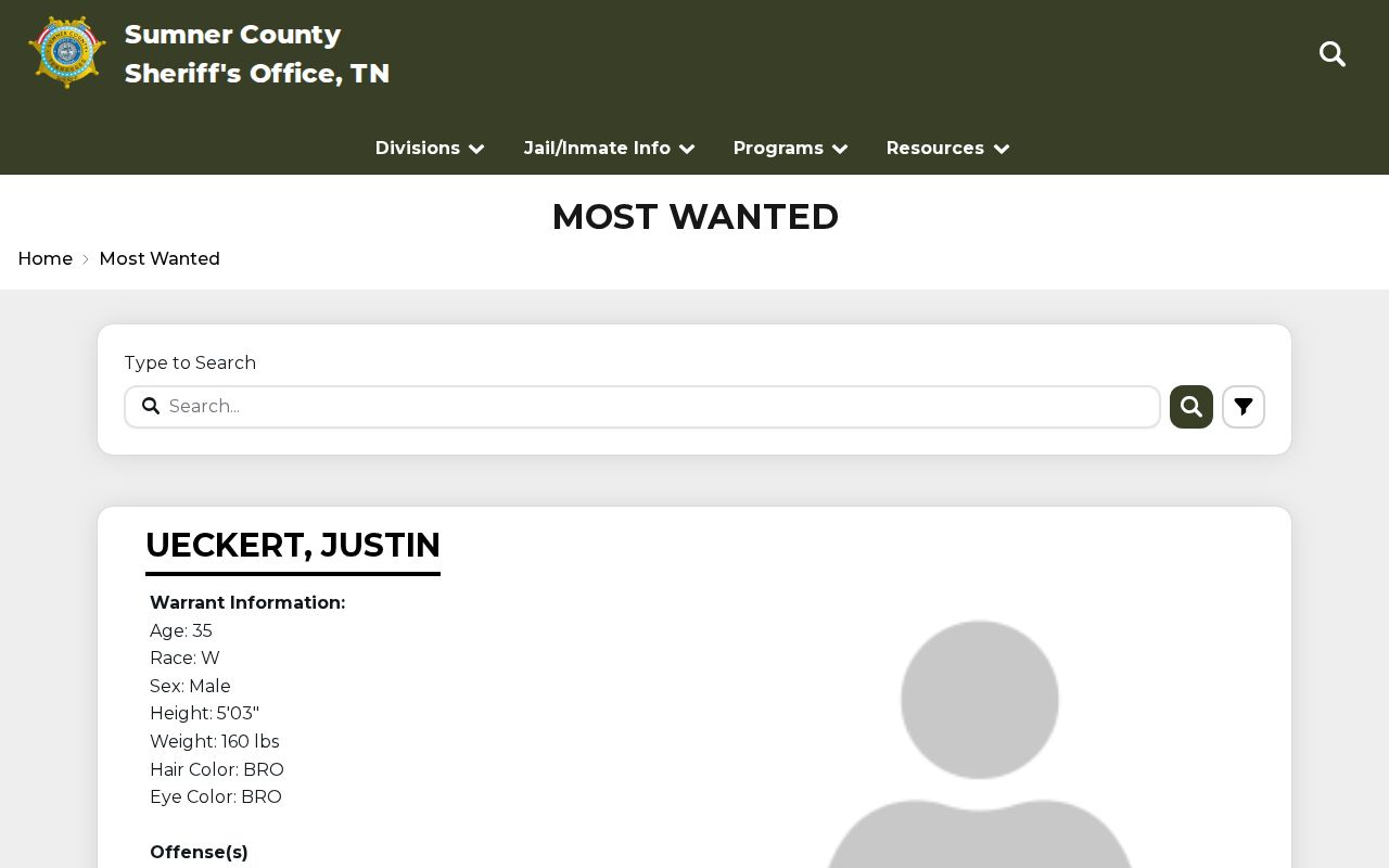 Sumner County Most Wanted program page heading and official navigation
