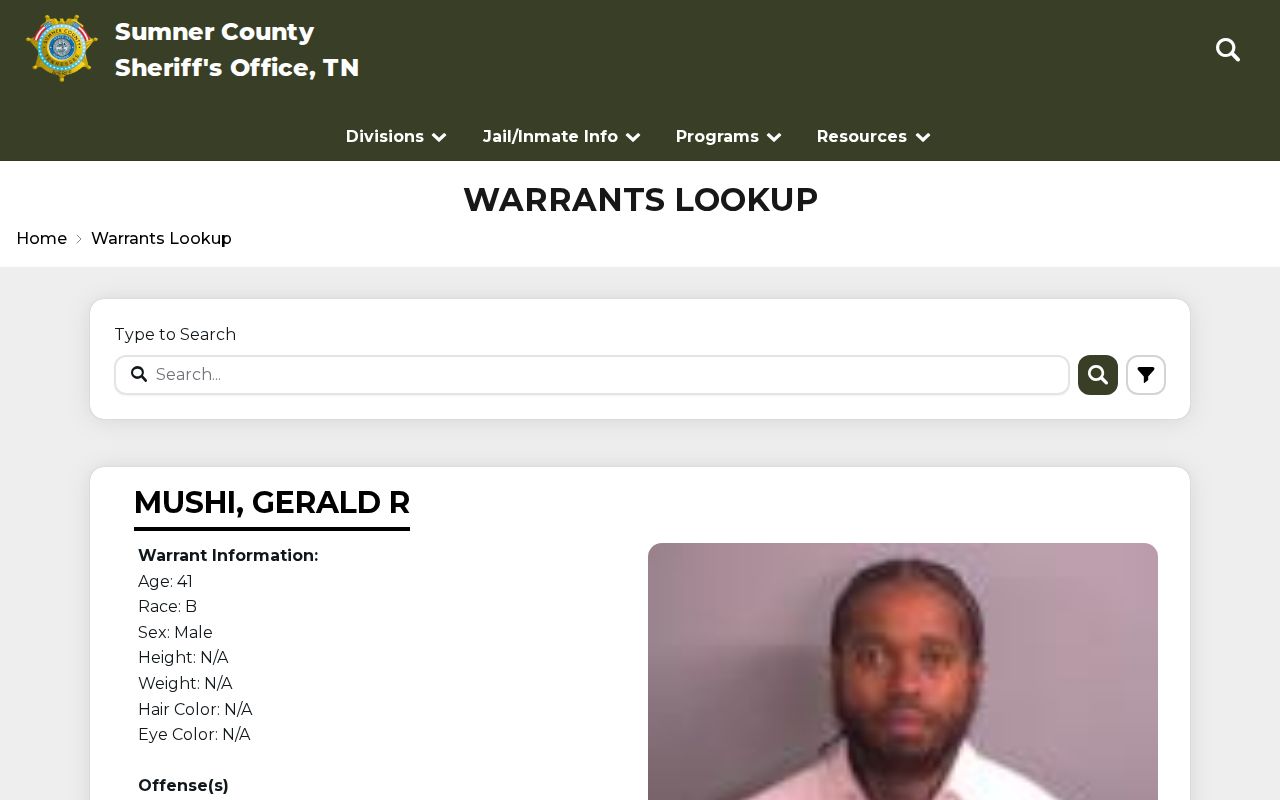 Sumner County warrant records search field on the Sheriff Warrants Lookup