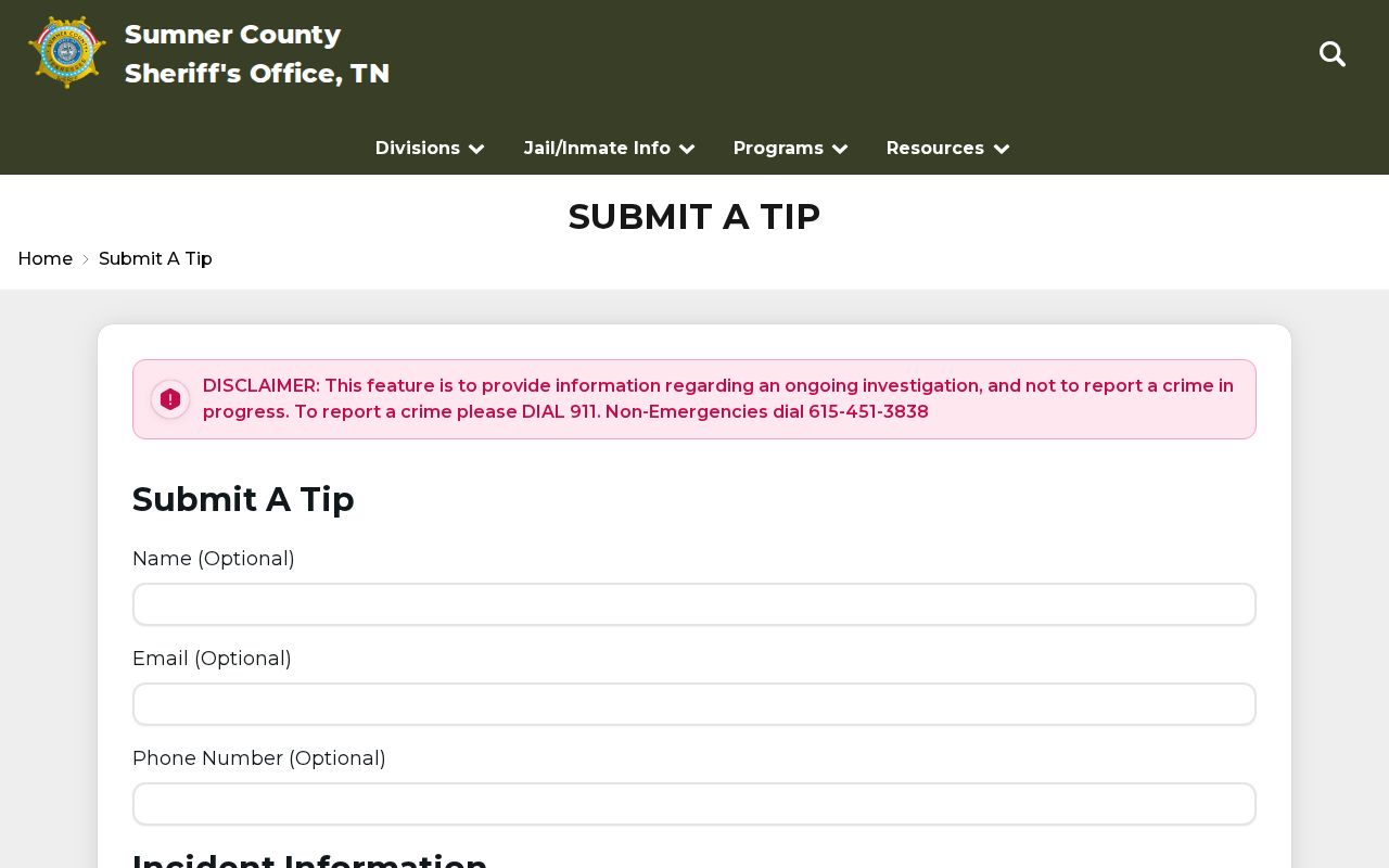 Sumner County Sheriff official Submit A Tip program page