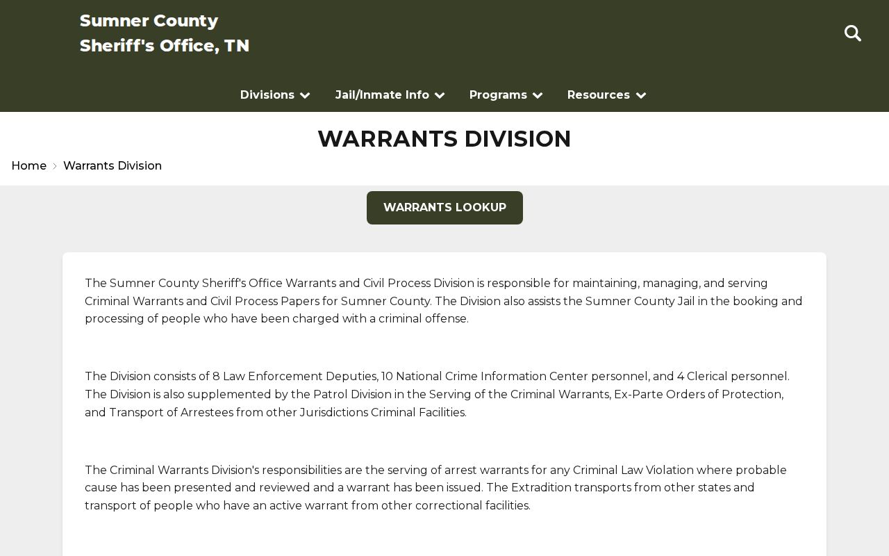 Sumner County Warrants Division contact information for warrant records